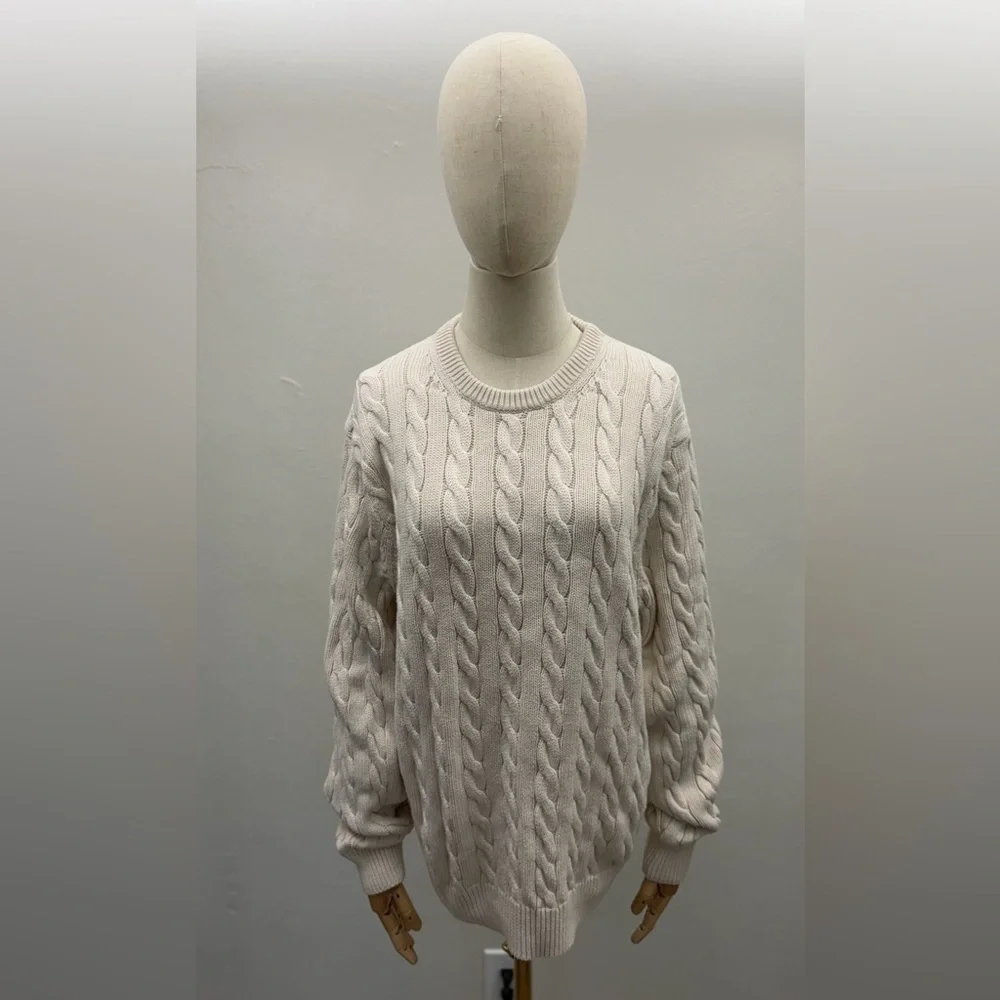 J.Crew Cable Knit Sweater Cream Ivory 100% Cotton Long Sleeve Size L